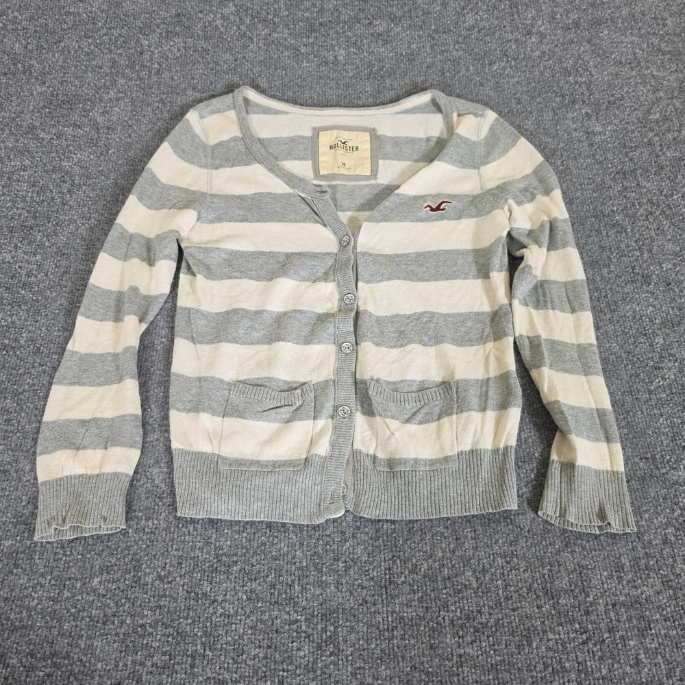 2000s Hollister Womens Gray Cream Striped Button Front Cardigan Size M Pockets